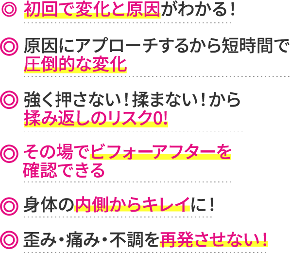 ◎初回で変化と原因がわかる！ ◎原因にアプローチするから短時間で圧倒的な変化 ◎強く押さない！揉まない！から揉み返しのリスク0!その場でビフォーアフターを確認できる ◎身体の内側からキレイに！ ◎歪み・痛み・不調を再発させない！